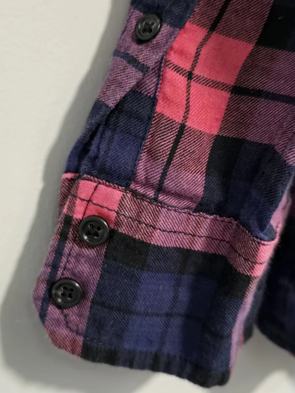 Women’s Pink and Navy Plaid Button-Up Shirt Boyfriend Style Lightweight.